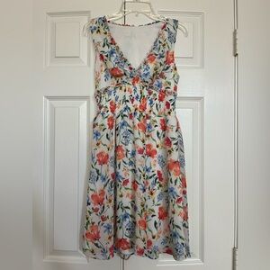 White V Neck Sundress with Vibrant Red, Blue & Yellow Floral Print